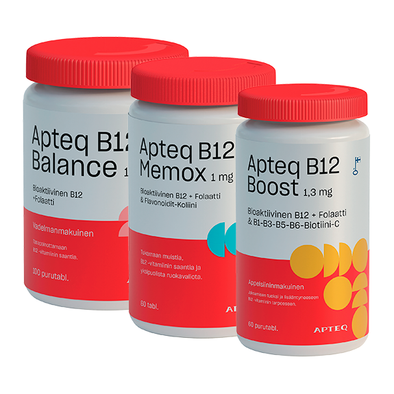 APTEQ B12 Memox 1 mg 60 tabl., Boost 1,3 mg 60 purutabl. tai Balance 1 mg 100 tabl.