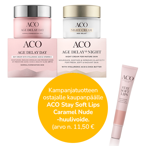 ACO Age Delay- ja Age Delay+ -tuotesarjat lokakuussa  Avainapteekeissa Kauneustarjouksella. Kampanjatuotteen ostajalle kaupanpäälle ACO Stay Soft Lips Caramel Nude-huulivoide (arvo noin 11,50 €).