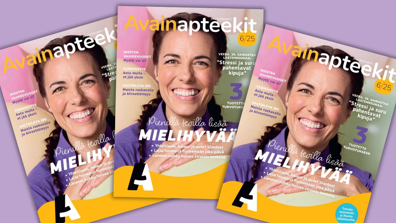 Kuvituskuva, jossa kolme Avainapteekit-lehden 6/2025 kantta