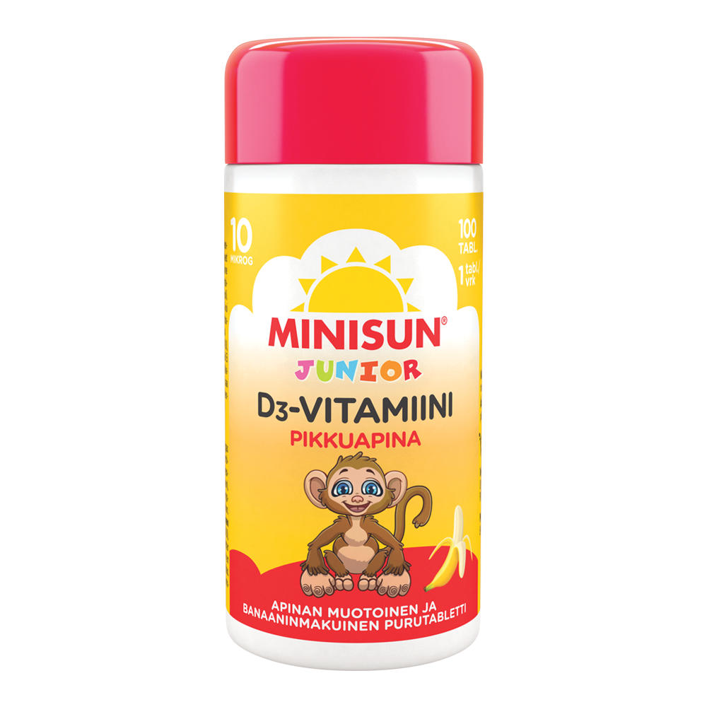 Minisun D-vitamiini Banaani-Apina Junior 10 mcg tabletti 100 kpl