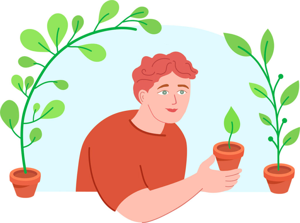 Uupumus: piirroshahmo pitelee viherkasvia